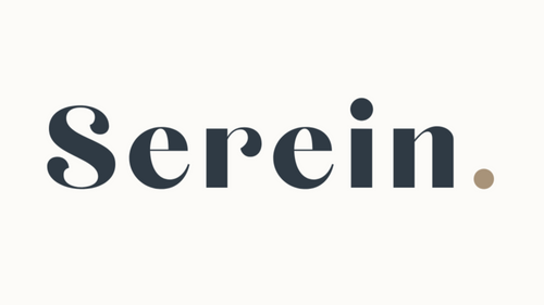The wordmark 'Serein.' appears in dark navy serif lettering on an off-white background, with a small muted tan dot after the final letter.